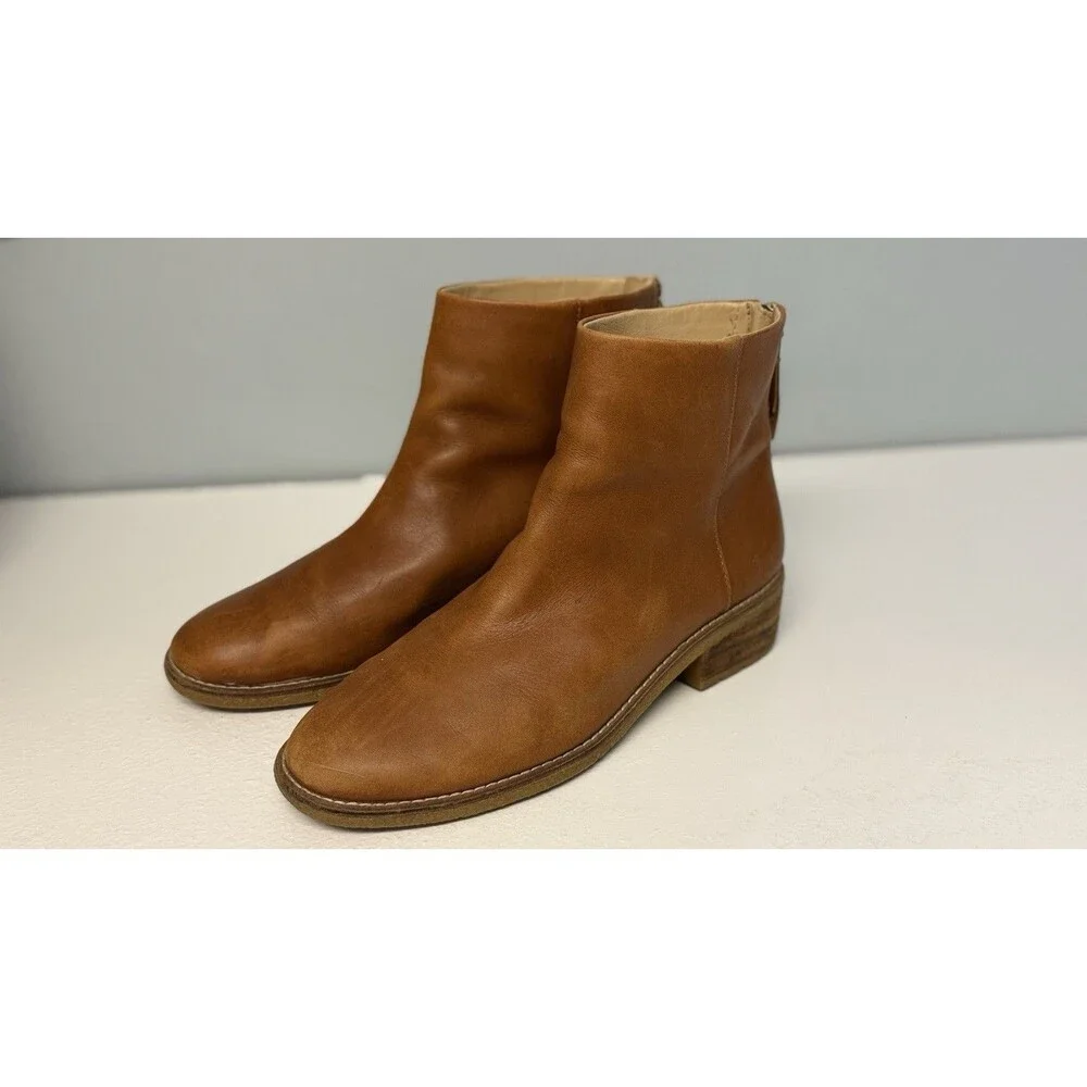 Sperry Women's Tan Leather Ankle Boots Size 9 STS82011 Back Zip Low Block Heel